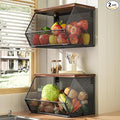 Stackable Fruit Basket for Kitchen Countertop Space Saving, Wall Mounted Mesh Metal Wire Baskets with Wood Lid Extra Storage,