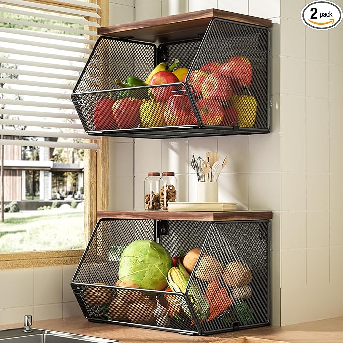 Stackable Fruit Basket for Kitchen Countertop Space Saving, Wall Mounted Mesh Metal Wire Baskets with Wood Lid Extra Storage,