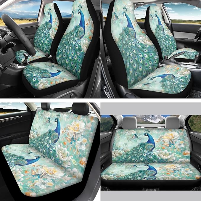 Peacock 13 PCS Car Seat Cover Set with Steering Wheel Cover Seat Belt Strap Cover Armrest Cover Coaster Keychain Automobile Interior Sets Decoration Easy to Install