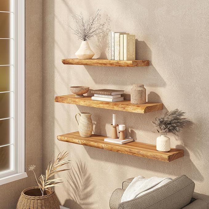 Live Edge Floating Shelf, 40 Inch Rustic Solid Elm Wood - Natural Wood Tone with Invisible Brackets, Wall Mounted for Living 