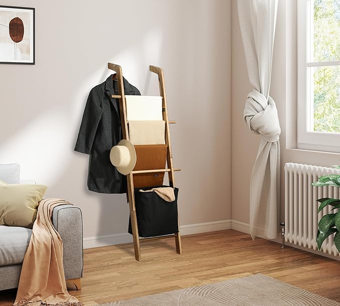 67-Inch Farmhouse Blanket Ladder with Basket, Rustic Wooden Display Ladder for Throws, Blankets, Quilts & Towels, Sturdy Wall