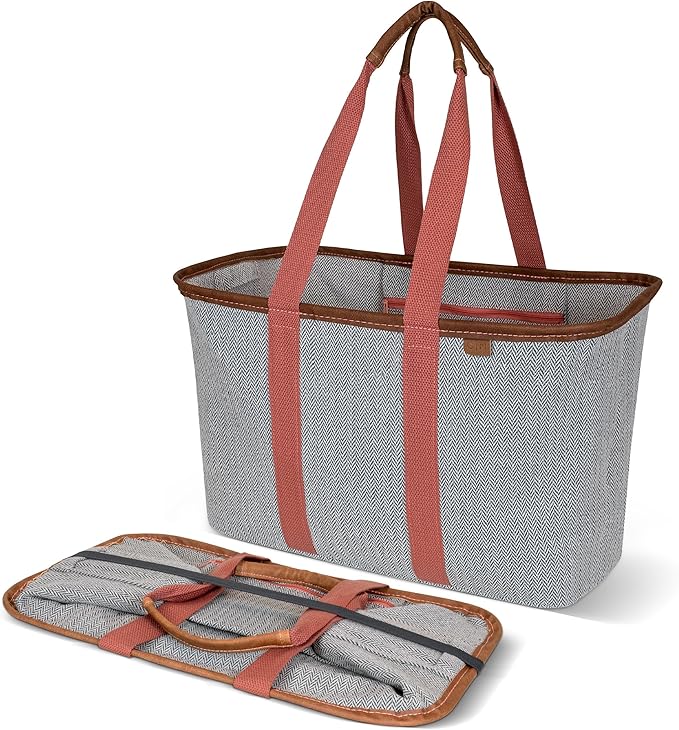 CleverMade Collapsible LUXE Tote - Reusable Grocery Shopping Storage Bag Organizer w/Handles Reinforced Bottom