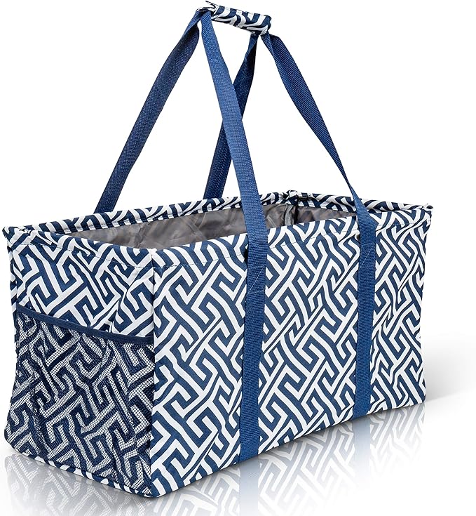 Extra Large Utility Tote Bag - Oversized Collapsible Reusable Wire Frame Rectangular Canvas Basket With Two Exterior Pockets For Beach, Pool, Laundry, Car Trunk, Storage - Geo Navy Blue