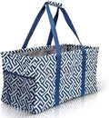 Extra Large Utility Tote Bag - Oversized Collapsible Reusable Wire Frame Rectangular Canvas Basket With Two Exterior Pockets For Beach, Pool, Laundry, Car Trunk, Storage - Geo Navy Blue