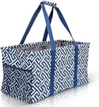 Extra Large Utility Tote Bag - Oversized Collapsible Reusable Wire Frame Rectangular Canvas Basket With Two Exterior Pockets For Beach, Pool, Laundry, Car Trunk, Storage - Geo Navy Blue
