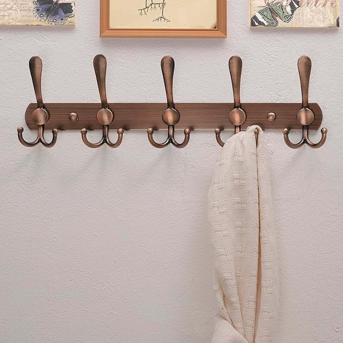 Dseap Wall Mounted Coat Rack - 5 Tri Hooks, Heavy Duty, Stainless Steel, Metal Coat Hook Rail for Coat Hat Towel Purse Robes 