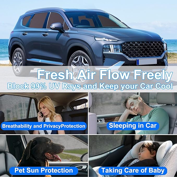 Front Side Half Window Shade Foldable Custom Fit for Hyundai Santa Fe 2019-2023 Car Window Shades for Side Window Sun Shade UV Protection Heat Insulation for Camping Sleeping 6PCS