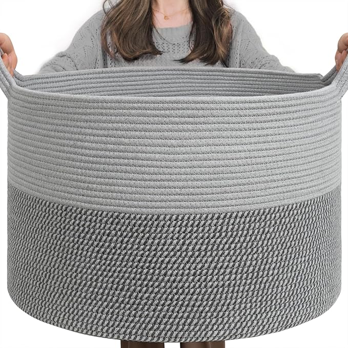 INDRESSME Extra Large Laundry Basket, Cotton Rope Blanket Basket for Nursery Living Room, Decorative Woven Storage Basket wit