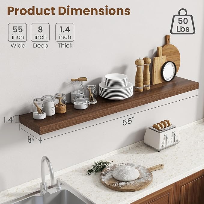 55 Inch Floating Shelves for Wall, 8 Inch Deep Floating Shelf for Storage & Display, Rustic Wall Mounted Shelf with Invisible