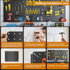 Peg Board, 112PCS Heavy Duty Metal Pegboard with Hooks, 6 Pack Black Peg Board Panels, 60lbs Load Capacity Each, Pegboard Wal