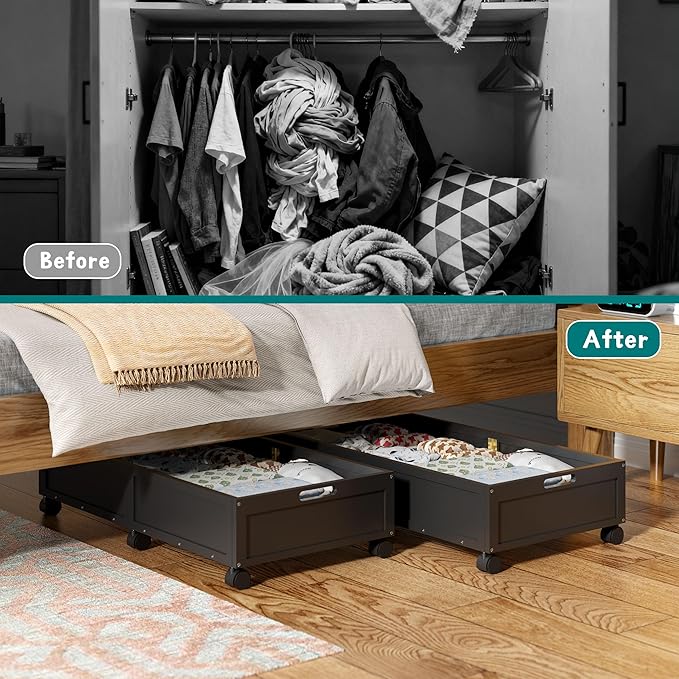 Wood Under Bed Storage Containers Underbed Organizer with Wheels Sturdy Wood Rolling Under Bed Shoe Storage Organizer 2 Packs