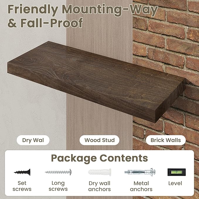 Fun Memories Solid Elm Wood Floating Shelves Set of 2-36 Inch Rustic Wall Shelves with Heavy-Duty Invisible Brackets - for Li