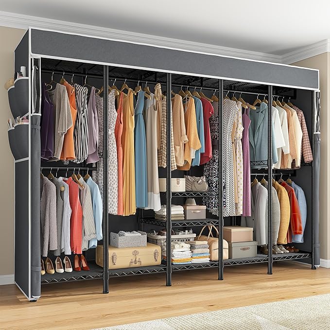 Raybee 90.6" W Extra-Large Clothes Rack with Cover, Freestanding Clothing Racks for Hanging Clothes, Heavy Duty Closet Organi