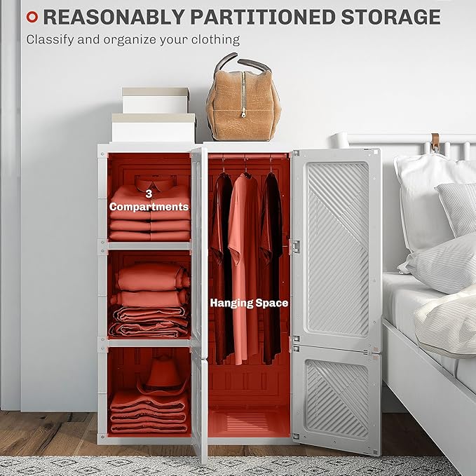 HOMCOM Portable Wardrobe Closet, Folding Clothes Storage Organizer with 3 Cube Compartments, Hanging Rod, 4 Magnet Doors, Whi