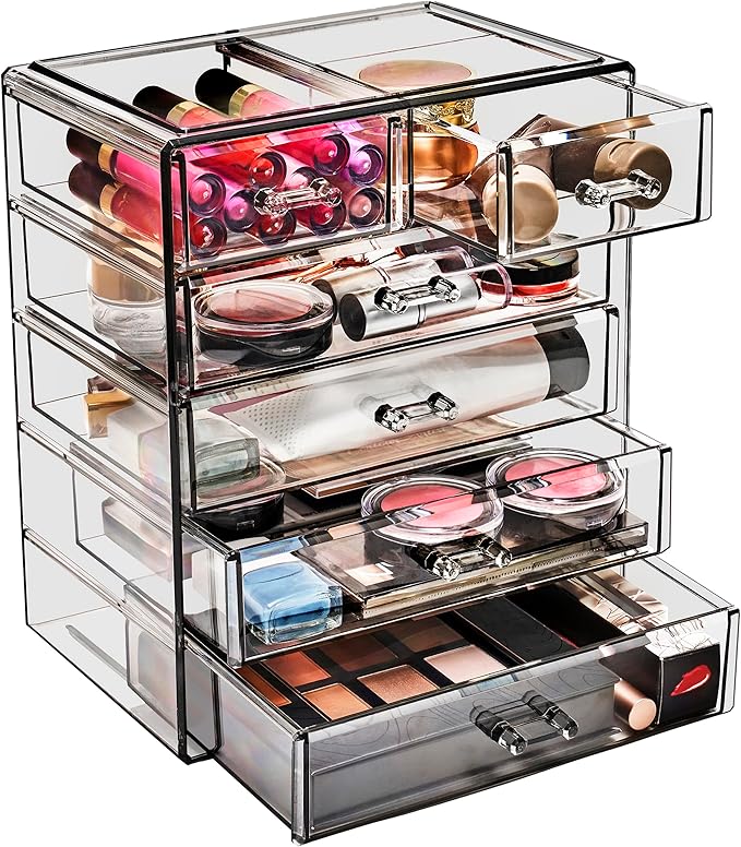 Sorbus Acrylic Makeup Organizer Set, 6-Drawer Vanity & Countertop Cosmetic Storage with Small & Wide Drawers, Black Jewel Mak