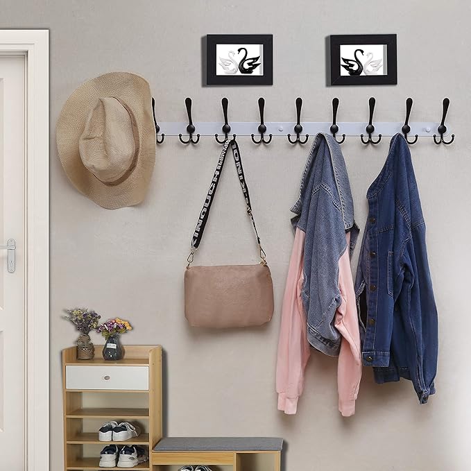 Dseap Coat Rack Wall Mount - 38” Long 10-Tri-Hooks Heavy Duty Coat Hanger Rail Wall Hooks for Hanging Coats Hats Clothing Clo