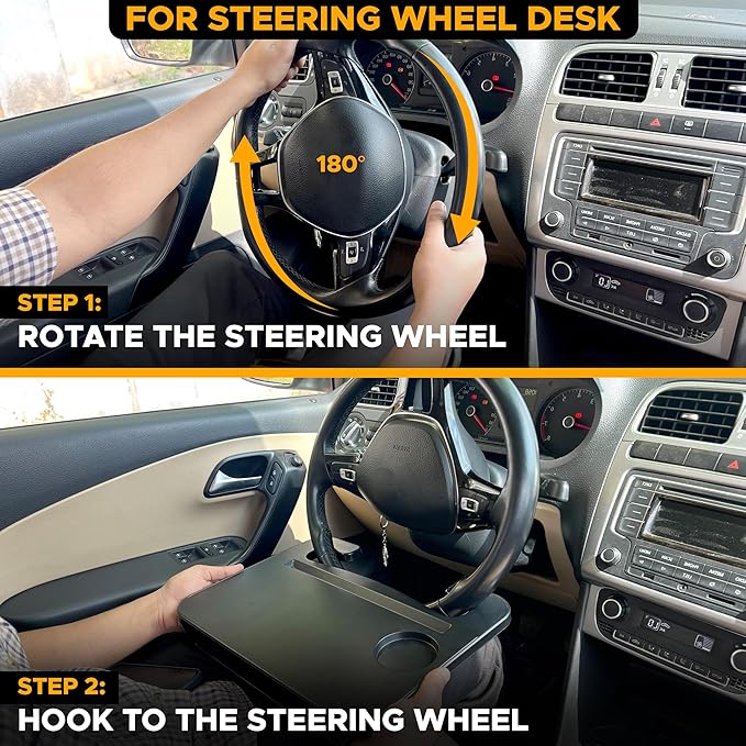 EcoNour 3-in-1 Steering Wheel Tray with Car Seat Gap Filler Organizer (1 Pack) | Food Table for Eating in Car | Laptop Desk, iPad Holder and Storage Box in-Between Seat Organizer | Car Accessories