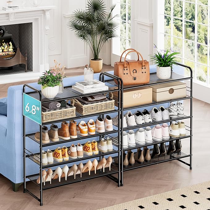 SUFAUY Shoe Rack, 5-Tier 33" Wide Shoe Storage Rack for 24-30 Pairs of Shoes, Mesh Shoe Organizer for Entryway Closet, Steel 