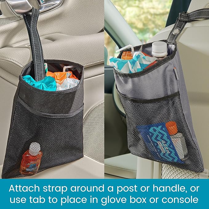 High Road TrimTrash Hanging Car Garbage Bag - Slim and Leakproof Car Trash Bag with Magnetic Closure and Storage Pocket - Attaches to Seat, Glovebox or Console