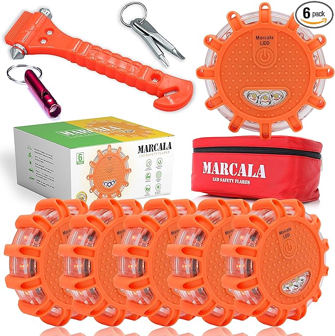Marcala 6‑Pack LED Road Flares | DOT Compliant Emergency Lights for Vehicles with Batteries, Whistle & Case | Flares Emergenc