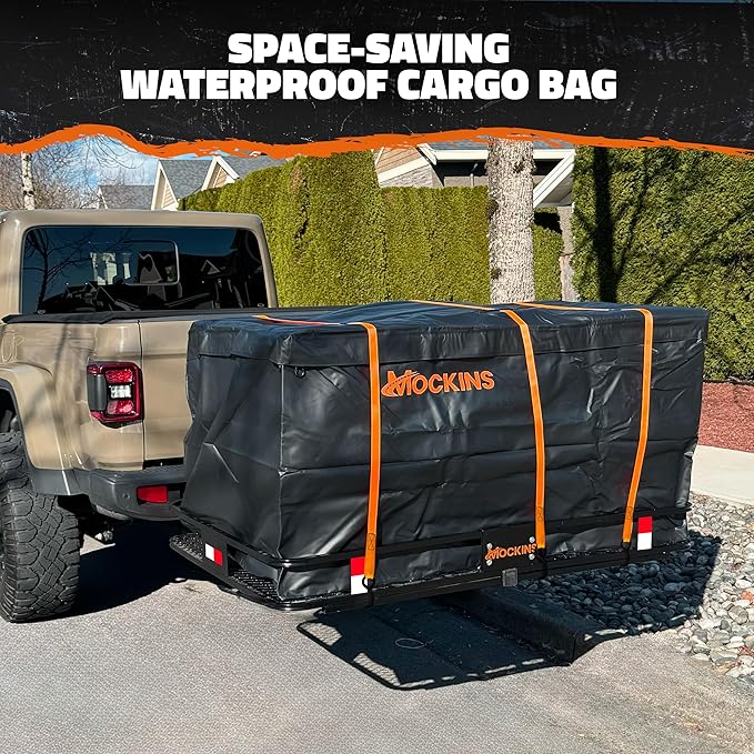 Mockins 60"x36"x6" XL Folding Trailer Hitch Cargo Carrier & 35 Cu.Ft. Tow Hitch Cargo Carrier Bag | 500 Lbs. Capacity Luggage Rack for SUV Car Truck & Soft Waterproof Trailer Rack Bag with Accessories