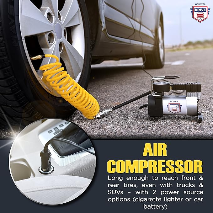 Tire Inflator Portable Air Compressor – 12V DC Air Pump for Car Tires, 150 PSI Electric Air Pump with Tyre Pressure Gauge – Corded Yellow by WE LOVE TO DRIVE