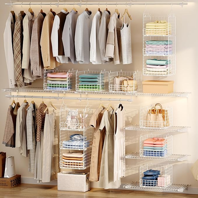 Sonyabecca 3-Tier Hanging Closet Organizer with 5 S Hooks, Closet Shelves for Clothes, Shoes, Handbags, Accessories, Hanging 