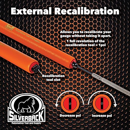 Silverback Hi-Visibility Orange Dual Foot Commercial Truck Tire Pressure Gauge, Recalibratable. Heavy Duty Stick Gauge with Black Metal Bar, Range 10-150 PSI in 2 PSI Increments.