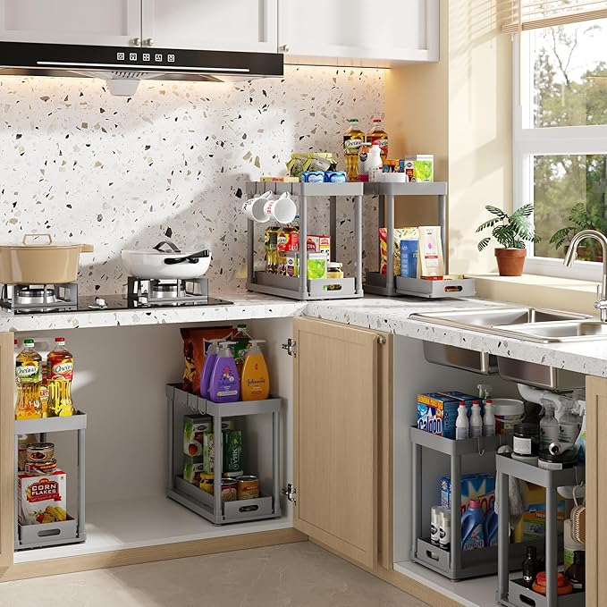 2PC Under Sink Organizer Rack 2 Tier Under Sliding Cabinet Basket Organizer Drawer with 4 Hooks, Multi-purpose Under Sink Sto