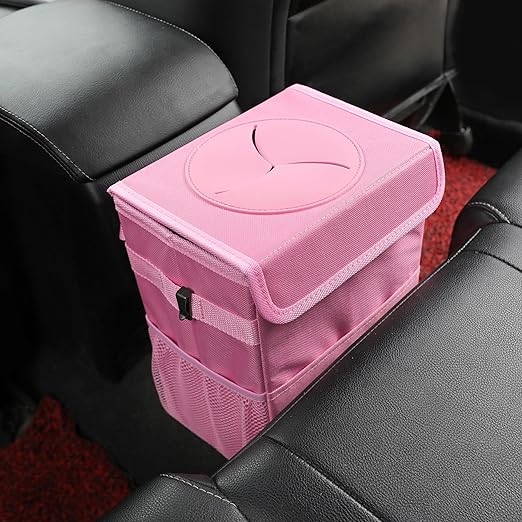 Car Garbage can with lid Leak Proof Vehicle Trash Can 3 Storage Pockets Hanging Waterproof car Trash Bag for SUV Pink