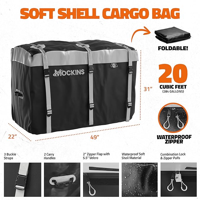 Mockins 49"x22"x7" Aluminum Hitch Cargo Carrier & 20 Cu Ft Waterproof Cargo Bag | 500 lbs. Capacity Hitch Basket | Lightweight Aluminum Cargo Carrier Kit for 2" Receivers w/Locks, Stabilizer & Straps