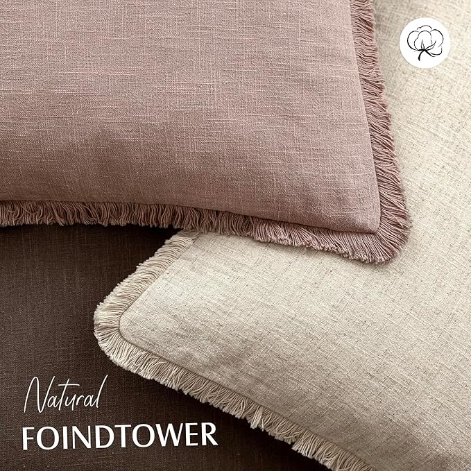 Foindtower Set of 2 Decorative Linen Fringe Throw Pillow Covers Boho Farmhouse Cushion Cover with Tassels Soft Accent Pillowc