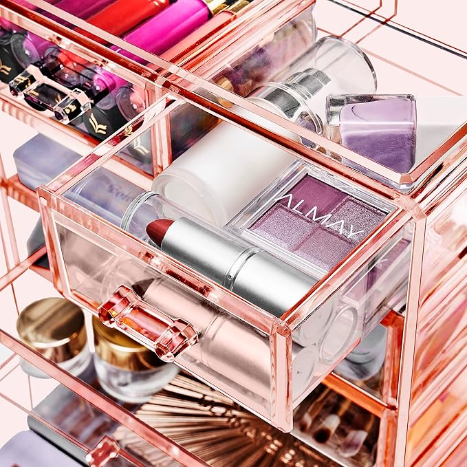 Sorbus Acrylic Makeup Organizer Set, 6-Drawer Vanity & Countertop Cosmetic Storage with Small & Wide Drawers, Pink Makeup Sto