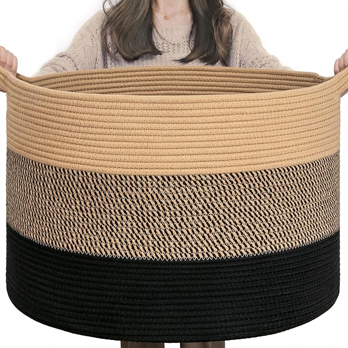 INDRESSME XXXLarge Cotton Rope Basket 21.7" x 21.7" x 13.8" Woven Baby laundry Blanket Basket for Living Room Decor, Toy Stor