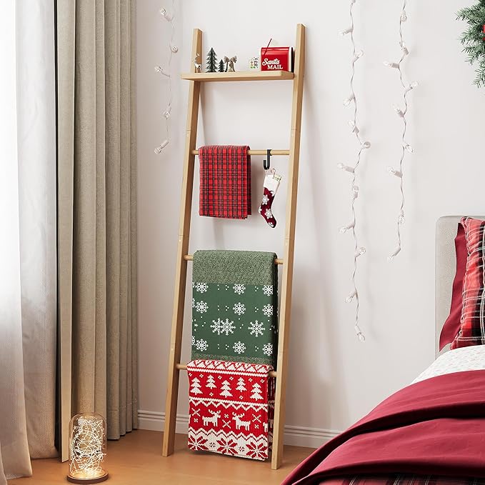 63" Bamboo Blanket Ladder with Shelf and 5 Hooks, 4 Tier Leaning Blanket Rack, Farmhouse Towel Ladder Rack, Decorative Quilt 