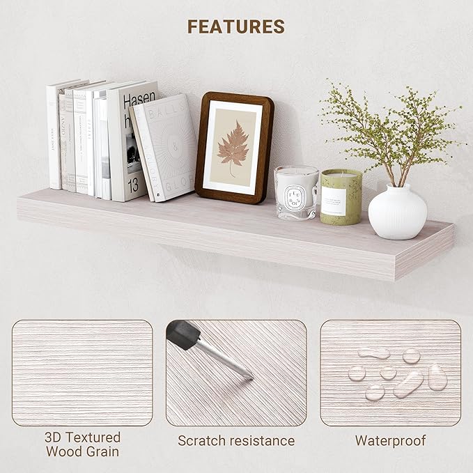 16 Inch Floating Shelves, 3D Textured Wood Grain, 16"x9.25"x1.5" Inch Deep Floating Shelves for Wall, Wooden Shelves for Bath