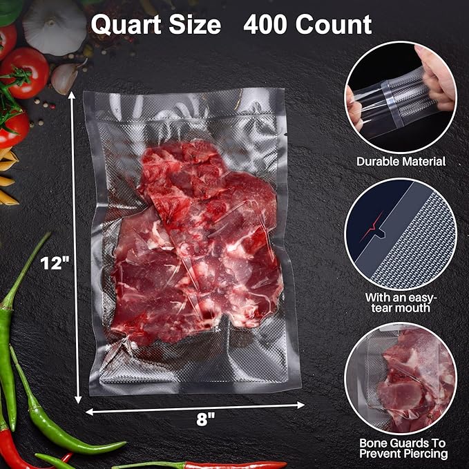 AENTGIU 400 Vacuum Sealer Storage Bags, 8x12 Inch Seal a Meal Bags, BPA Free Quart Bags, Compatible with All Heat Vacuum Seal