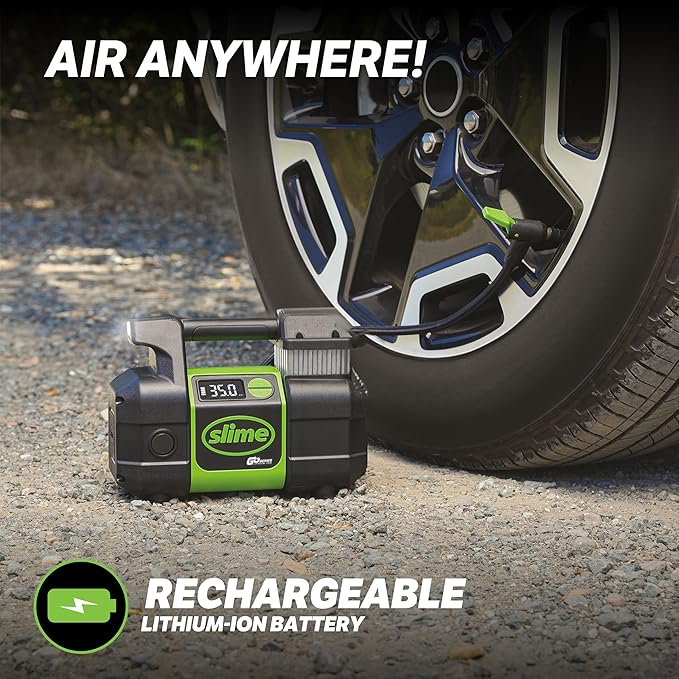 Slime 40086 Tire Inflator, Cordless, Pro Power, Portable Air Compressor Pump, Auto Shut-Off, Lithium Ion Battery and LED Light, Rechargeable, 3 min inflation