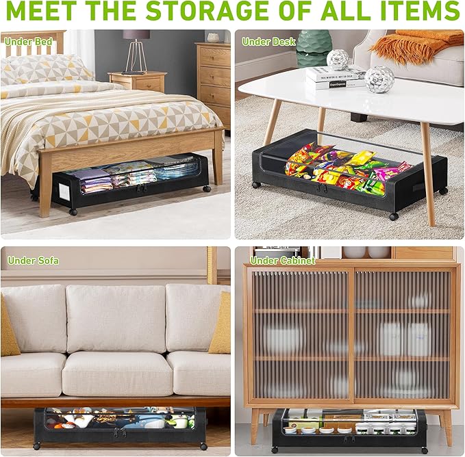Under Bed Storage with Wheels, XXL 60L Under the Bed Storage Bins, Underbed Storage Containers with Lids & Label, Rolling Met