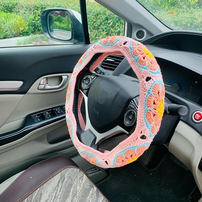 Handmade Crochet Steering Wheel Cover Sakura Pink Galsang Flower Seat Belt Cover, Car Interior Accessories Decorations. (Steering Wheel Cover)
