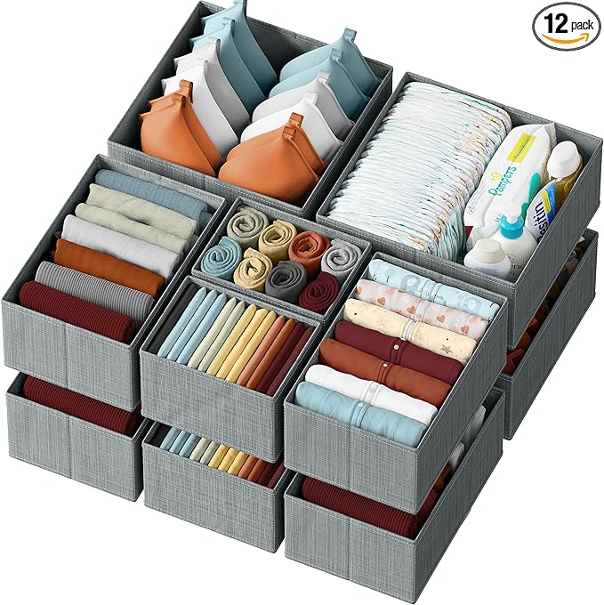 Drawer Organizer Clothes Set of 12 Grey - Dresser Organizer For Nursery, Bedroom, Closet - The Perfect Baby Clothes Organizer