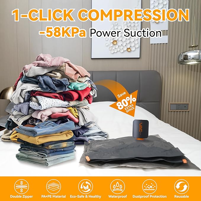 Travel Vacuum Bags for Clothing with Rechargeable Cordless Pump,Vacuum Storage Bags,12 Pack Vacuum Bags,Compression Packing f