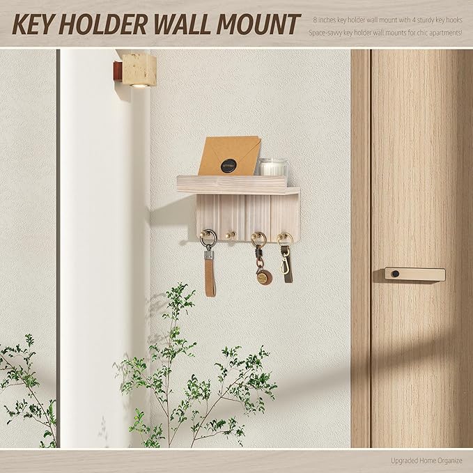 Rebee Vision Farmhouse Key Holder Wall Mount - Key and Mail Holder for Wall with Mini Floating Shelf and 4 Key Hooks - Perfec