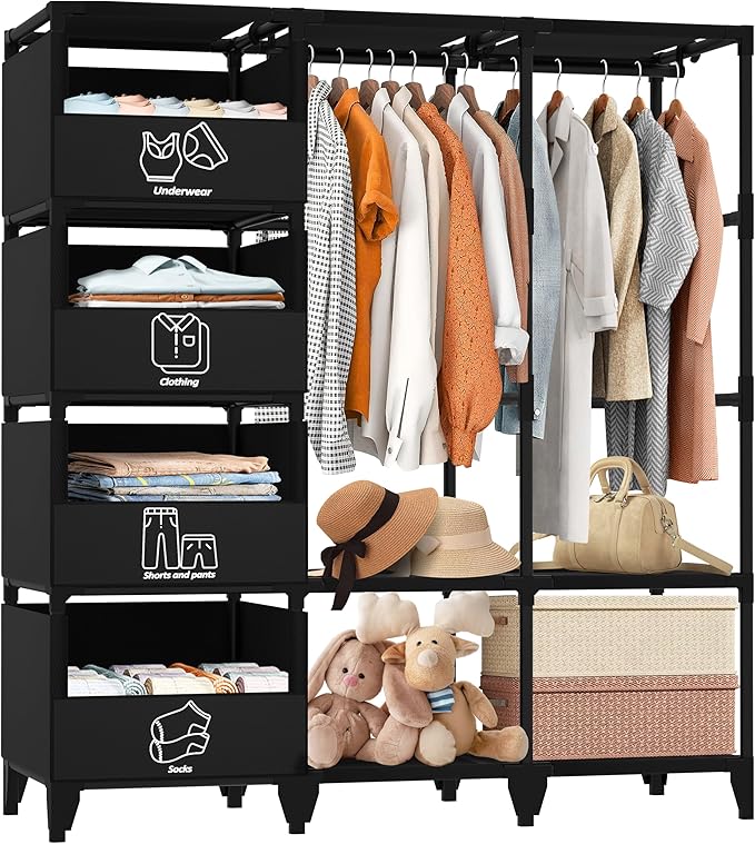 Portable Closet, Easy Assembly, Large Capacity Wardrobe Closet, Sturdy and Stable Clothes Rack with Shelves 4 Storage Baskets