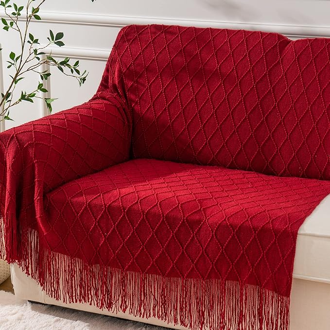 BATTILO HOME Christmas Decor Red Throw Blanket for Couch, Boho Bed Throws for Foot of Bed, Decorative Red Throws for Sofa Liv