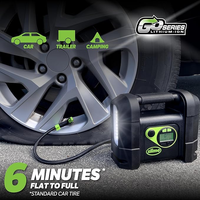 Slime 40080 Cordless Tire Inflator, Rugged Portable Air Compressor Pump with Auto Shut Off, Lithium Ion Battery and LED Light, Rechargeable