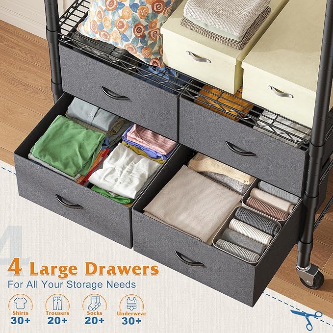 Raybee Clothes Rack Heavy Duty Clothing Rack with Rolling Wheels & 4 Drawers, Clothing Racks for Hanging Clothes with Drawers