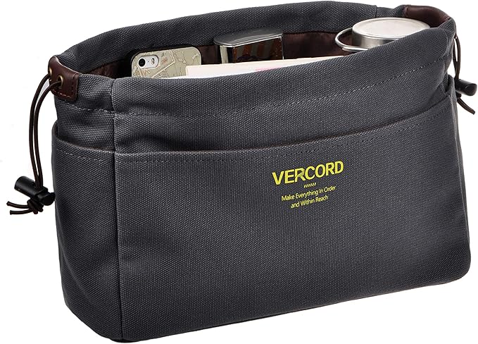 Vercord Canvas Handbag Organizers, Sturdy Purse Insert Organizer Bag in Bag, 10 Pockets Grey Large
