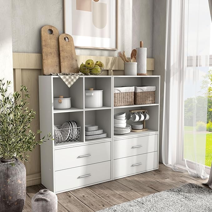 Homes: Inside + Out Apexa 4-Cube Storage Organizer Shelves, Stackable Wood Bookcase Fits Cubby Bins for Organization, Dorm Te