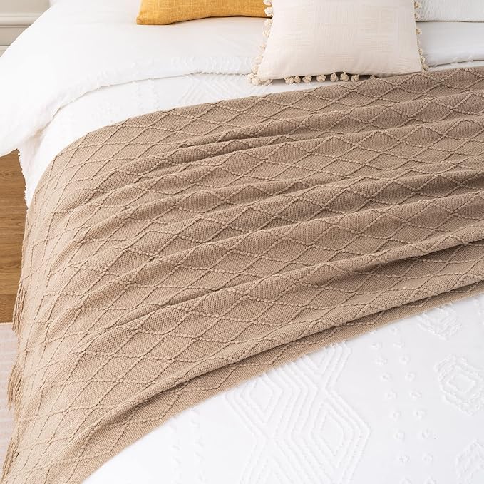 BATTILO HOME Khaki Throw Blanket for Couch, Boho Bed Tan Throws, Spring Decorative Taupe Throw for Sofa Foot of Bed, 50"x60"